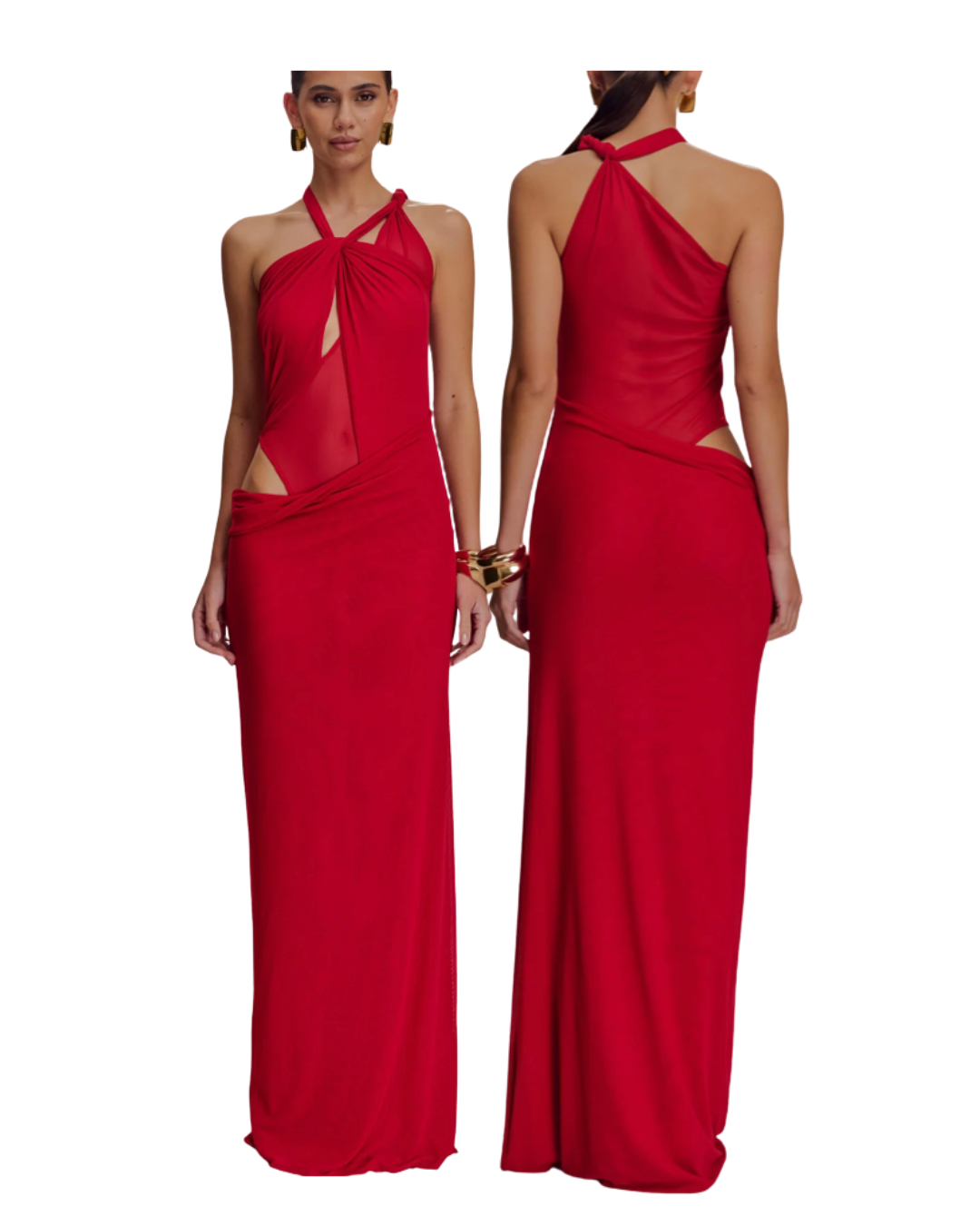 Meshki Knotted Mesh Maxi Dress - Red
