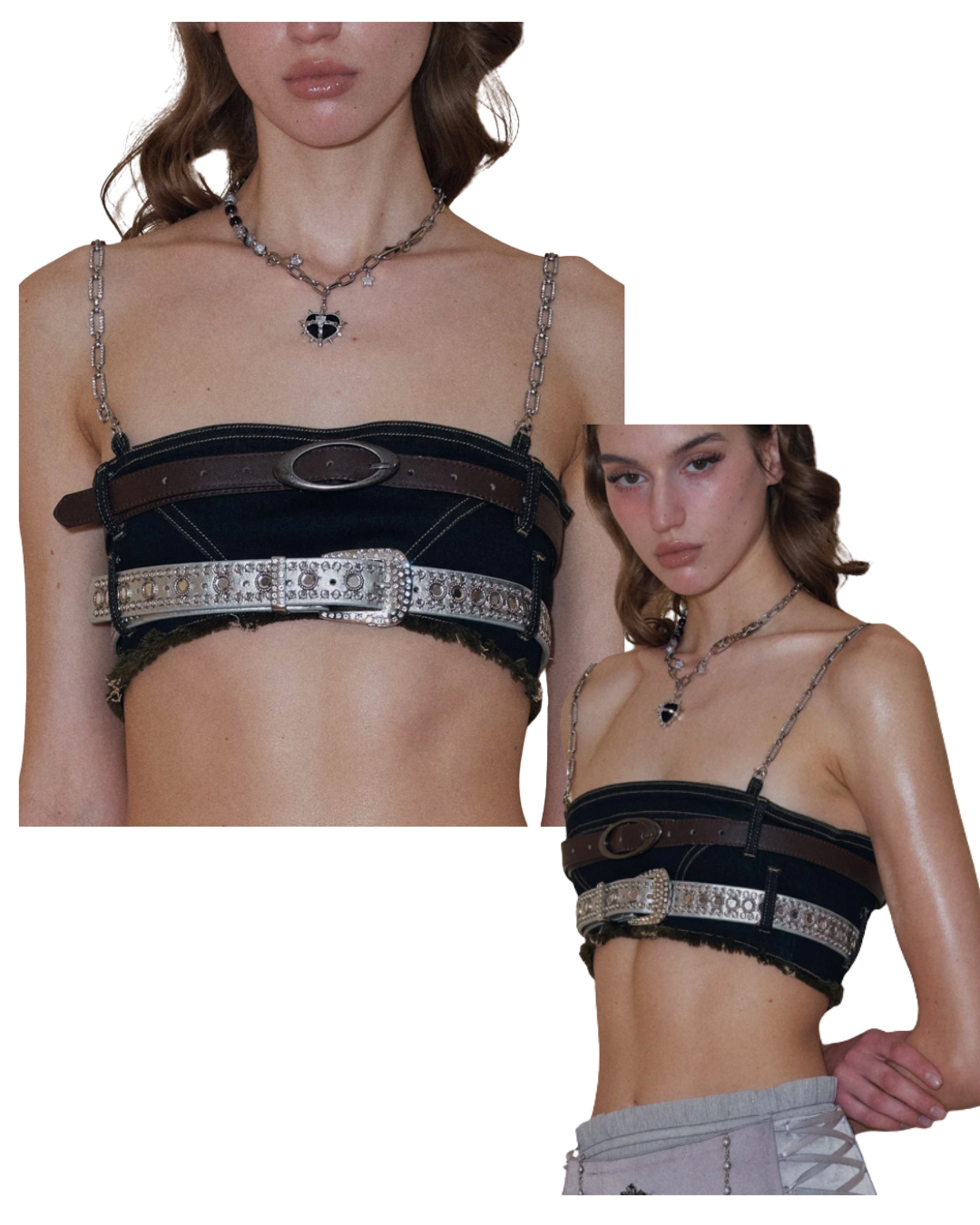 Chained Embellished Denim Bra Top With Belts