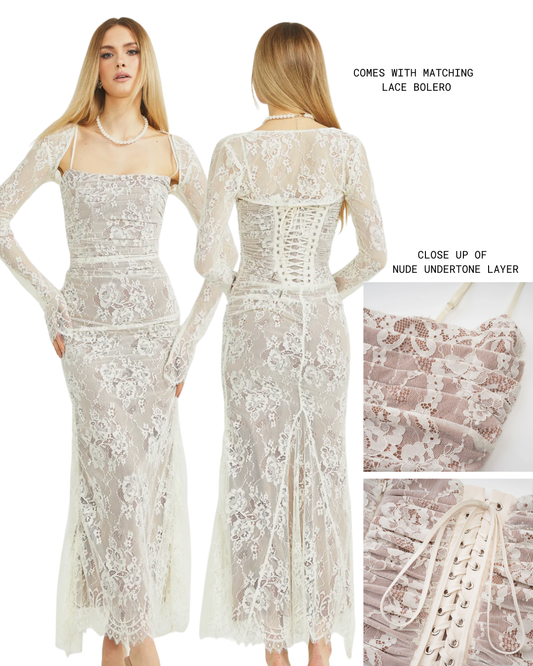 Miss Rosier Valerie white floral lace mesh maxi dress NWT