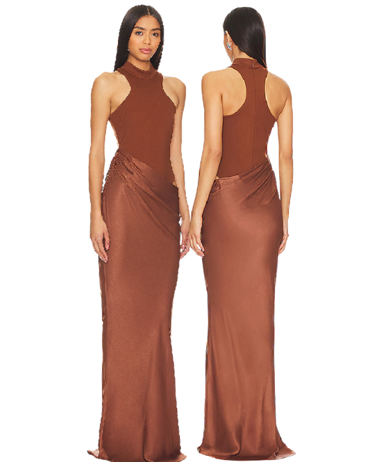 brown satin bodysuit dress